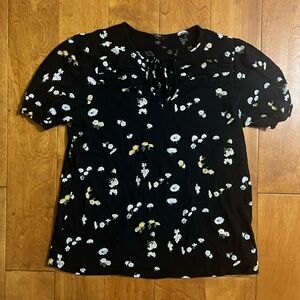 Lucky Brand Black Floral Puff Sleeve Top Blouse Size S Boho Farm Casual Indie